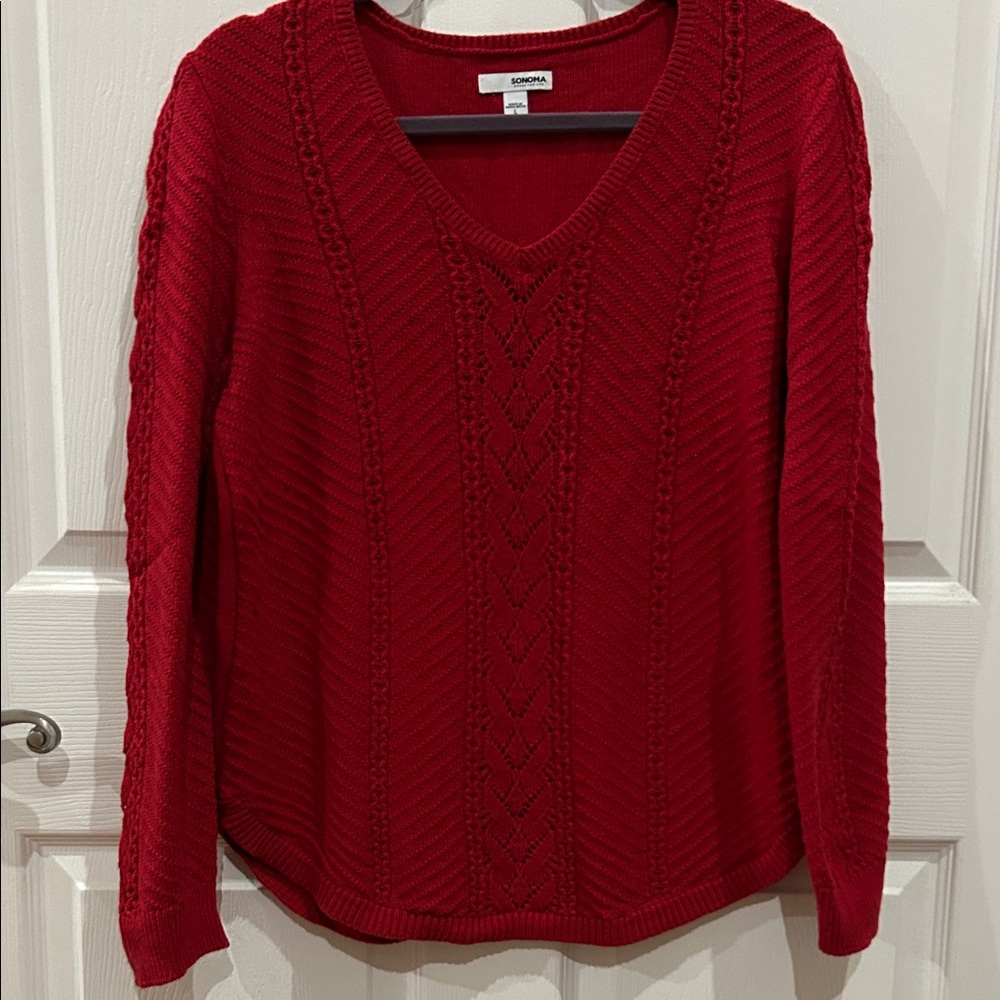 Sonoma Women's Red V-Neck Cable Knit Sweater Large L